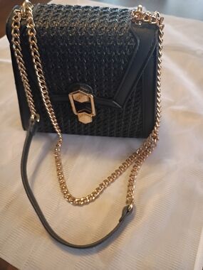 Black Leather Crossbody Bag with Gold Chain Strap